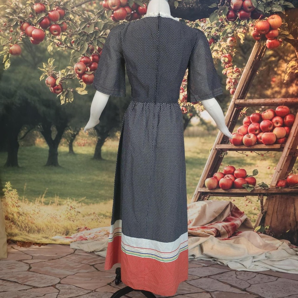 Vintage 1970s Polka Dot Smocked Lace detailed‎ Blue Red Maxi Dress Gown Corset - Picture 8 of 8